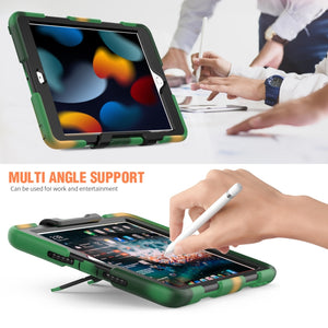 For iPad 10.2 2021 / 2020 / 2019 Shockproof Colorful Silicone + PC Protective Case with Holder & Pen Slot(Camouflage Army Green)