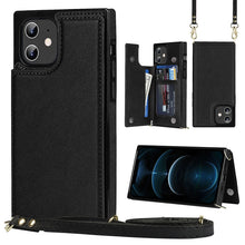 For iPhone 12 mini Cross-body Square Double Buckle Flip Card Bag TPU+PU Case with Card Slots & Wallet & Photo & Strap (Black)