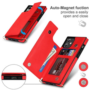For iPhone 12 mini Cross-body Square Double Buckle Flip Card Bag TPU+PU Case with Card Slots & Wallet & Photo & Strap (Red)