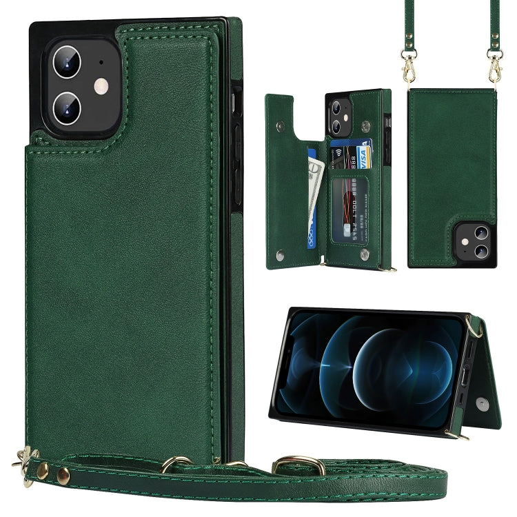 For iPhone 12 mini Cross-body Square Double Buckle Flip Card Bag TPU+PU Case with Card Slots & Wallet & Photo & Strap (Green)