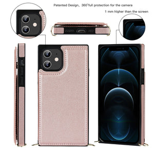 For iPhone 12 mini Cross-body Square Double Buckle Flip Card Bag TPU+PU Case with Card Slots & Wallet & Photo & Strap (Rose Gold)