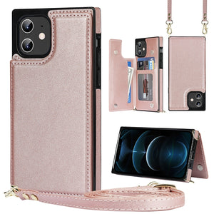 For iPhone 12 mini Cross-body Square Double Buckle Flip Card Bag TPU+PU Case with Card Slots & Wallet & Photo & Strap (Rose Gold)
