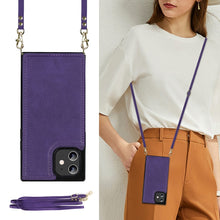 For iPhone 12 mini Cross-body Square Double Buckle Flip Card Bag TPU+PU Case with Card Slots & Wallet & Photo & Strap (Purple)