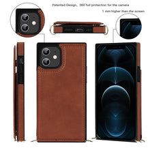 For iPhone 12 mini Cross-body Square Double Buckle Flip Card Bag TPU+PU Case with Card Slots & Wallet & Photo & Strap (Brown)