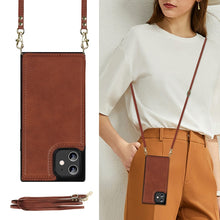 For iPhone 12 mini Cross-body Square Double Buckle Flip Card Bag TPU+PU Case with Card Slots & Wallet & Photo & Strap (Brown)
