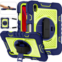 For iPad mini 6 360 Degree Rotation Contrast Color Shockproof Silicone + PC Tablet Case with Holder & Hand Grip Strap & Shoulder Strap(Navy Blue+Yellow Green)