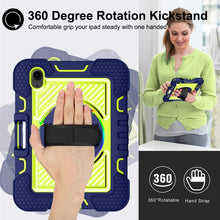 For iPad mini 6 360 Degree Rotation Contrast Color Shockproof Silicone + PC Tablet Case with Holder & Hand Grip Strap & Shoulder Strap(Navy Blue+Yellow Green)