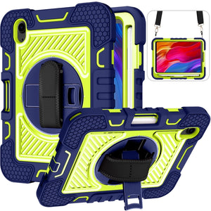 For iPad mini 6 360 Degree Rotation Contrast Color Shockproof Silicone + PC Tablet Case with Holder & Hand Grip Strap & Shoulder Strap(Navy Blue+Yellow Green)