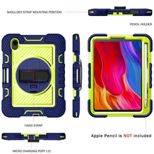 For iPad mini 6 360 Degree Rotation Contrast Color Shockproof Silicone + PC Tablet Case with Holder & Hand Grip Strap & Shoulder Strap(Navy Blue+Yellow Green)