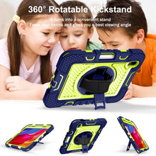 For iPad mini 6 360 Degree Rotation Contrast Color Shockproof Silicone + PC Tablet Case with Holder & Hand Grip Strap & Shoulder Strap(Navy Blue+Yellow Green)