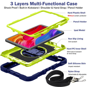 For iPad mini 6 360 Degree Rotation Contrast Color Shockproof Silicone + PC Tablet Case with Holder & Hand Grip Strap & Shoulder Strap(Navy Blue+Yellow Green)