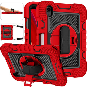 For iPad mini 6 360 Degree Rotation Contrast Color Shockproof Silicone + PC Tablet Case with Holder & Hand Grip Strap & Shoulder Strap(Red+Black)