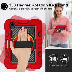 For iPad mini 6 360 Degree Rotation Contrast Color Shockproof Silicone + PC Tablet Case with Holder & Hand Grip Strap & Shoulder Strap(Red+Black)