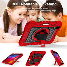 For iPad mini 6 360 Degree Rotation Contrast Color Shockproof Silicone + PC Tablet Case with Holder & Hand Grip Strap & Shoulder Strap(Red+Black)