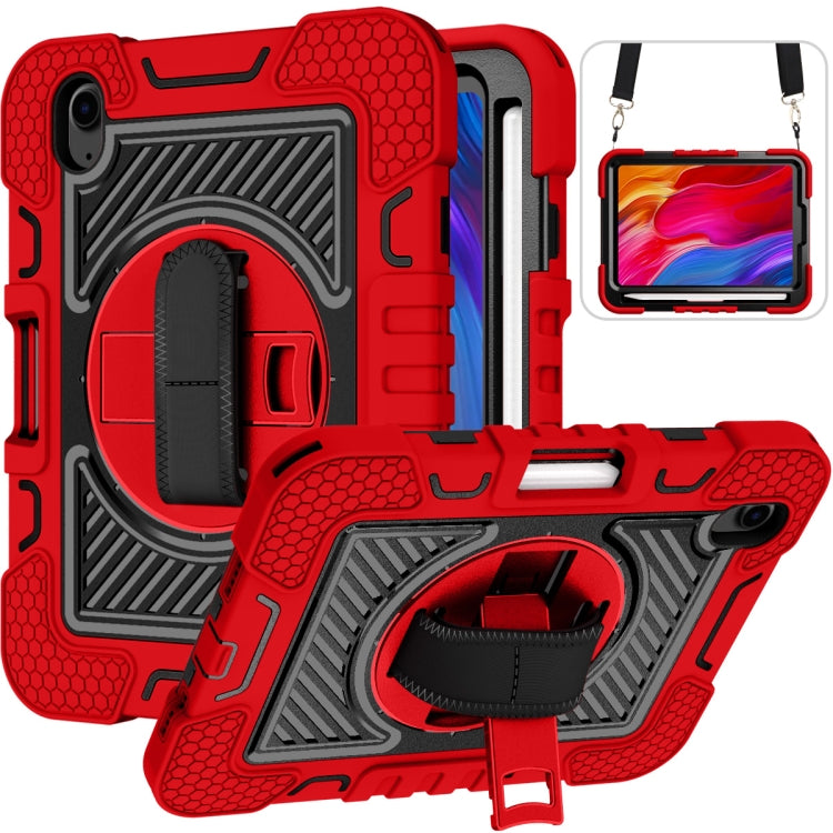 For iPad mini 6 360 Degree Rotation Contrast Color Shockproof Silicone + PC Tablet Case with Holder & Hand Grip Strap & Shoulder Strap(Red+Black)