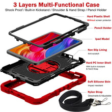 For iPad mini 6 360 Degree Rotation Contrast Color Shockproof Silicone + PC Tablet Case with Holder & Hand Grip Strap & Shoulder Strap(Red+Black)