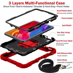 For iPad mini 6 360 Degree Rotation Contrast Color Shockproof Silicone + PC Tablet Case with Holder & Hand Grip Strap & Shoulder Strap(Red+Black)