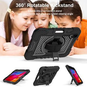 For iPad mini 6 360 Degree Rotation Contrast Color Shockproof Silicone + PC Tablet Case with Holder & Hand Grip Strap & Shoulder Strap(Black)