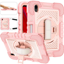 For iPad mini 6 360 Degree Rotation Contrast Color Shockproof Silicone + PC Tablet Case with Holder & Hand Grip Strap & Shoulder Strap(Rose Gold)
