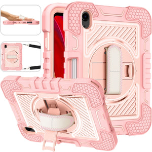 For iPad mini 6 360 Degree Rotation Contrast Color Shockproof Silicone + PC Tablet Case with Holder & Hand Grip Strap & Shoulder Strap(Rose Gold)