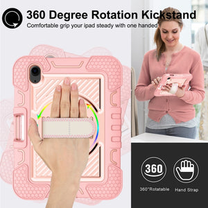 For iPad mini 6 360 Degree Rotation Contrast Color Shockproof Silicone + PC Tablet Case with Holder & Hand Grip Strap & Shoulder Strap(Rose Gold)