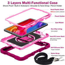 For iPad mini 6 360 Degree Rotation Contrast Color Shockproof Silicone + PC Tablet Case with Holder & Hand Grip Strap & Shoulder Strap(Rose Red+Pink)