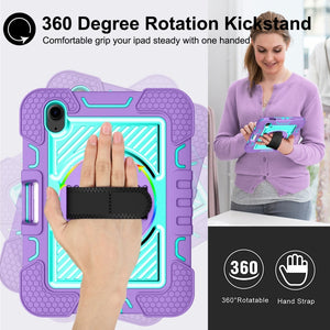 For iPad mini 6 360 Degree Rotation Contrast Color Shockproof Silicone + PC Tablet Case with Holder & Hand Grip Strap & Shoulder Strap(Purple+Mint Green)