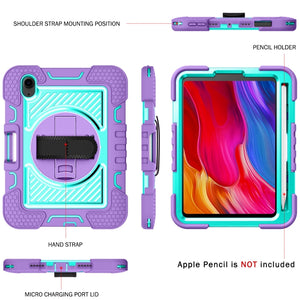 For iPad mini 6 360 Degree Rotation Contrast Color Shockproof Silicone + PC Tablet Case with Holder & Hand Grip Strap & Shoulder Strap(Purple+Mint Green)