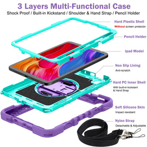 For iPad mini 6 360 Degree Rotation Contrast Color Shockproof Silicone + PC Tablet Case with Holder & Hand Grip Strap & Shoulder Strap(Purple+Mint Green)