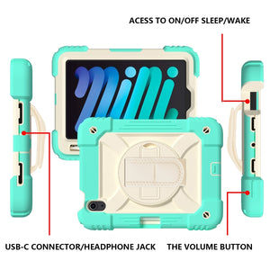 For iPad mini 6 Shockproof PC + Silicone Combination Tablet Case with Holder & Hand Strap & Shoulder Strap(Mint Green)