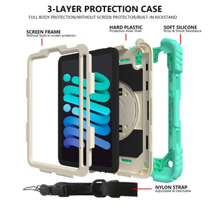 For iPad mini 6 Shockproof PC + Silicone Combination Tablet Case with Holder & Hand Strap & Shoulder Strap(Mint Green)