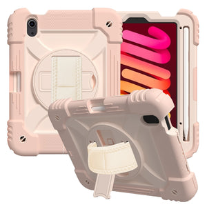 For iPad mini 6 Shockproof PC + Silicone Combination Tablet Case with Holder & Hand Strap & Shoulder Strap(Rose Gold)