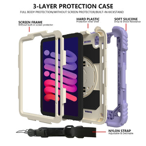 For iPad mini 6 Shockproof PC + Silicone Combination Tablet Case with Holder & Hand Strap & Shoulder Strap(Purple)