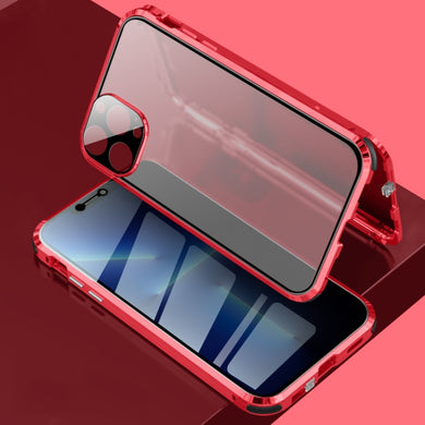 For iPhone 13 Pro Four-corner Shockproof Anti-peeping Magnetic Metal Frame Double-sided Tempered Glass Case (Red)