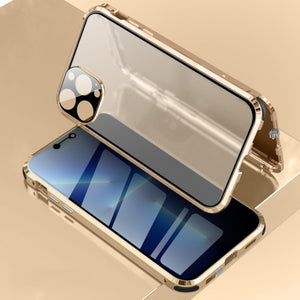 For iPhone 13 Pro Four-corner Shockproof Anti-peeping Magnetic Metal Frame Double-sided Tempered Glass Case (Gold)