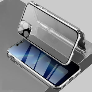 For iPhone 13 Pro Max Four-corner Shockproof Anti-peeping Magnetic Metal Frame Double-sided Tempered Glass Case (White)