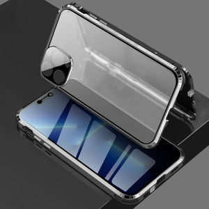 For iPhone 13 Pro Max Four-corner Shockproof Anti-peeping Magnetic Metal Frame Double-sided Tempered Glass Case (Black)