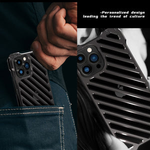 For iPhone 13 Pro Max R-JUST RJ-50 Hollow Breathable Armor Metal Shockproof Protective Case (Deep Space Grey)