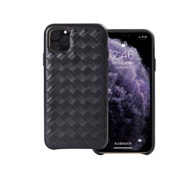 For iPhone 11 Pro Woven Texture Sheepskin Leather Back Cover Semi-wrapped Shockproof Case (Black)