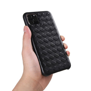 For iPhone 11 Pro Max Woven Texture Sheepskin Leather Back Cover Semi-wrapped Shockproof Case (Blue)