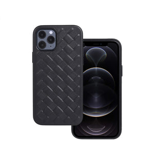For iPhone 12 / 12 Pro Woven Texture Sheepskin Leather Back Cover Full-wrapped Shockproof Case(Black)
