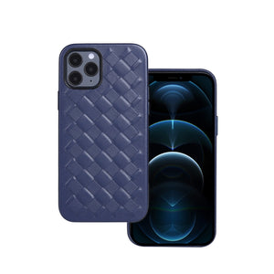 For iPhone 12 Pro Max Woven Texture Sheepskin Leather Back Cover Full-wrapped Shockproof Case(Blue)