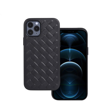 For iPhone 12 Pro Max Woven Texture Sheepskin Leather Back Cover Full-wrapped Shockproof Case(Black)