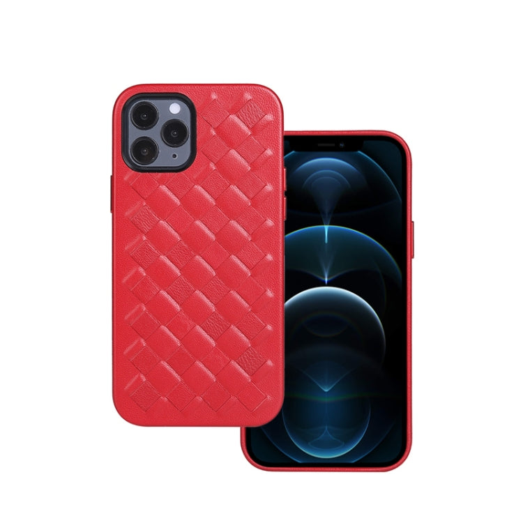 For iPhone 12 Pro Max Woven Texture Sheepskin Leather Back Cover Full-wrapped Shockproof Case(Red)