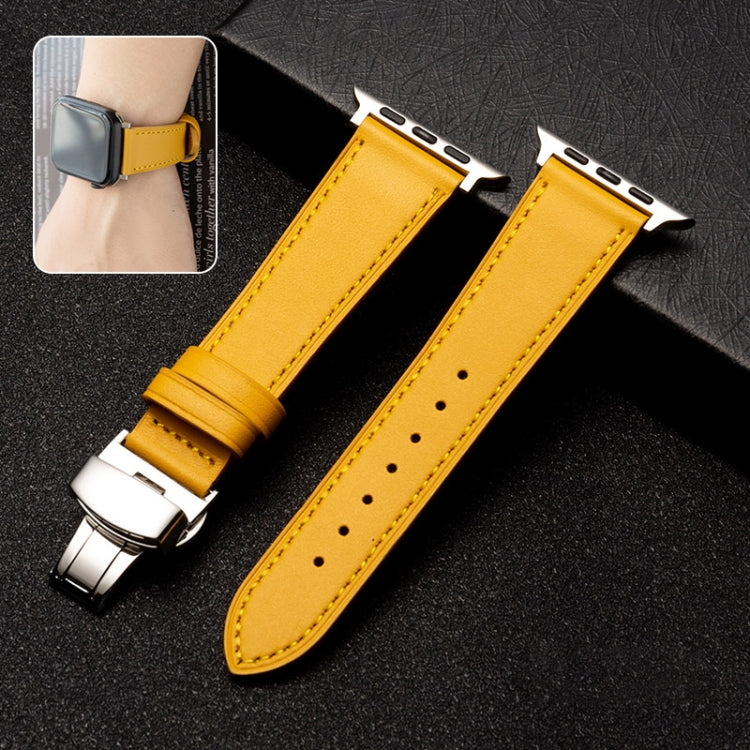 Butterfly Clasp  Top Layer Cowhide Leather Strap Watch Band For Apple Watch Series 8&7 41mm / SE 2&6&SE&5&4 40mm / 3&2&1 38mm(Yellow)