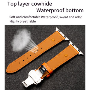 Butterfly Clasp  Top Layer Cowhide Leather Strap Watch Band For Apple Watch Series 8&7 41mm / SE 2&6&SE&5&4 40mm / 3&2&1 38mm(Orange)