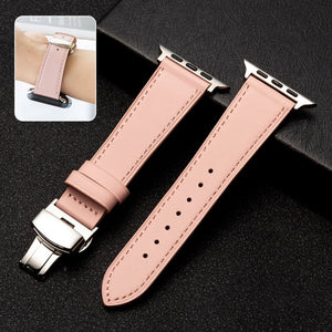 Butterfly Clasp  Top Layer Cowhide Leather Strap Watch Band For Apple Watch Ultra 49mm / Series 8&7 45mm / SE 2&6&SE&5&4 44mm / 3&2&1 42mm(Pink)