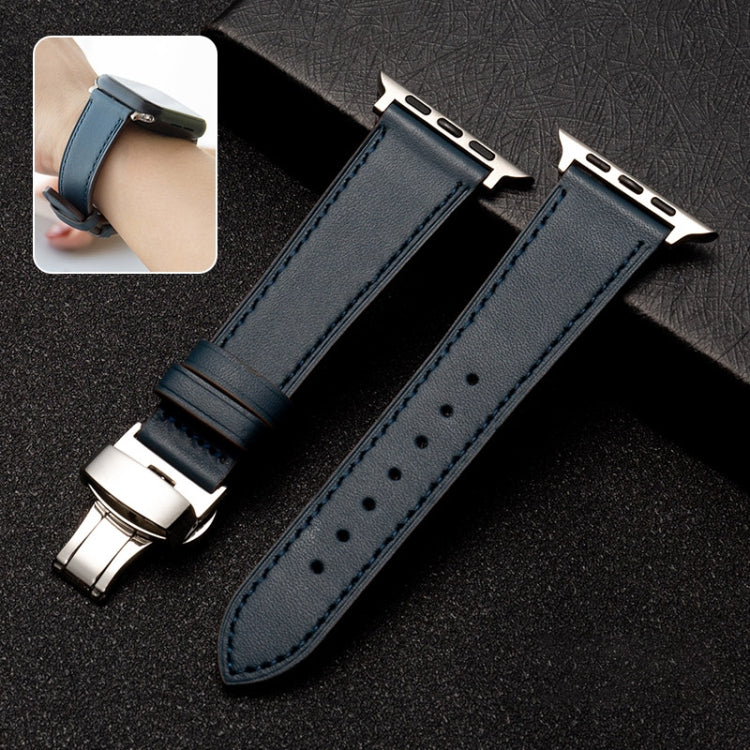 Butterfly Clasp  Top Layer Cowhide Leather Strap Watch Band For Apple Watch Ultra 49mm / Series 8&7 45mm / SE 2&6&SE&5&4 44mm / 3&2&1 42mm(Blue)