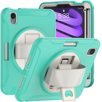 For iPad mini 6 360 Degree Rotation PC + TPU Protective Tablet Case with Holder & Hand-strap(Mint Green)