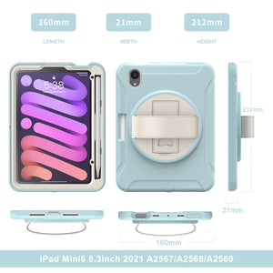 For iPad mini 6 360 Degree Rotation PC + TPU Protective Tablet Case with Holder & Hand-strap(Ice Blue)